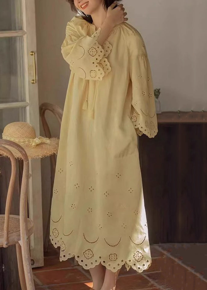 Cotton Lace Hollow Long Original Dresses Out Up Fall Yellow