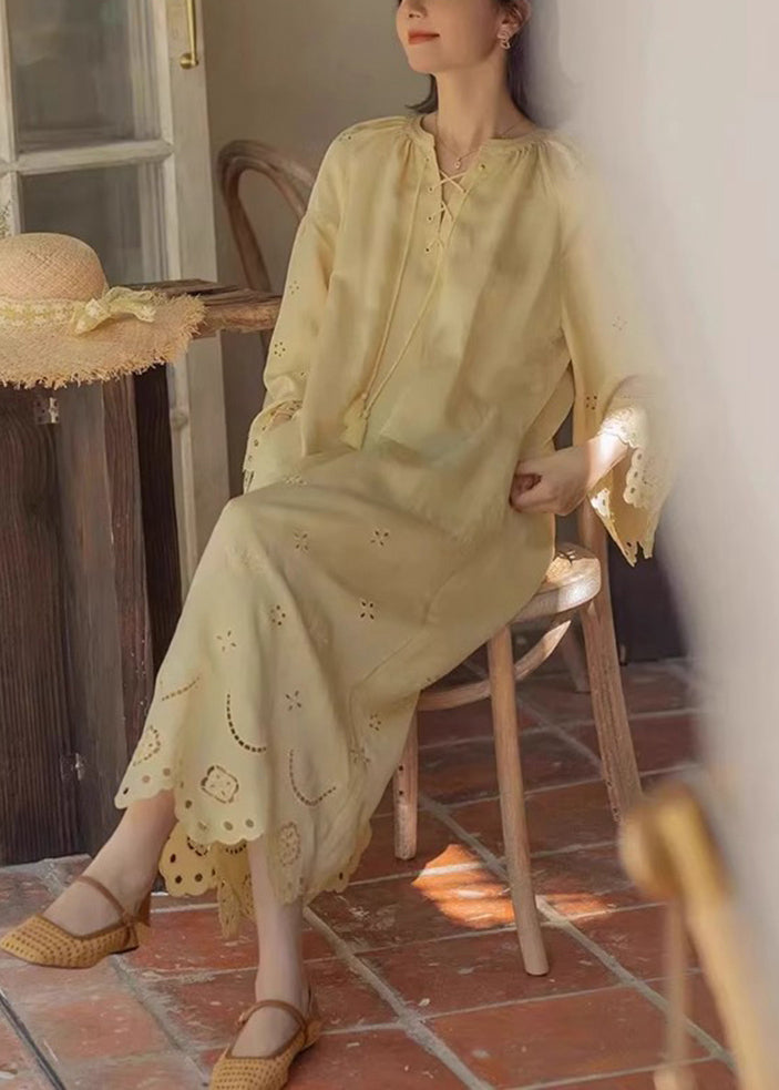Cotton Lace Hollow Long Original Dresses Out Up Fall Yellow