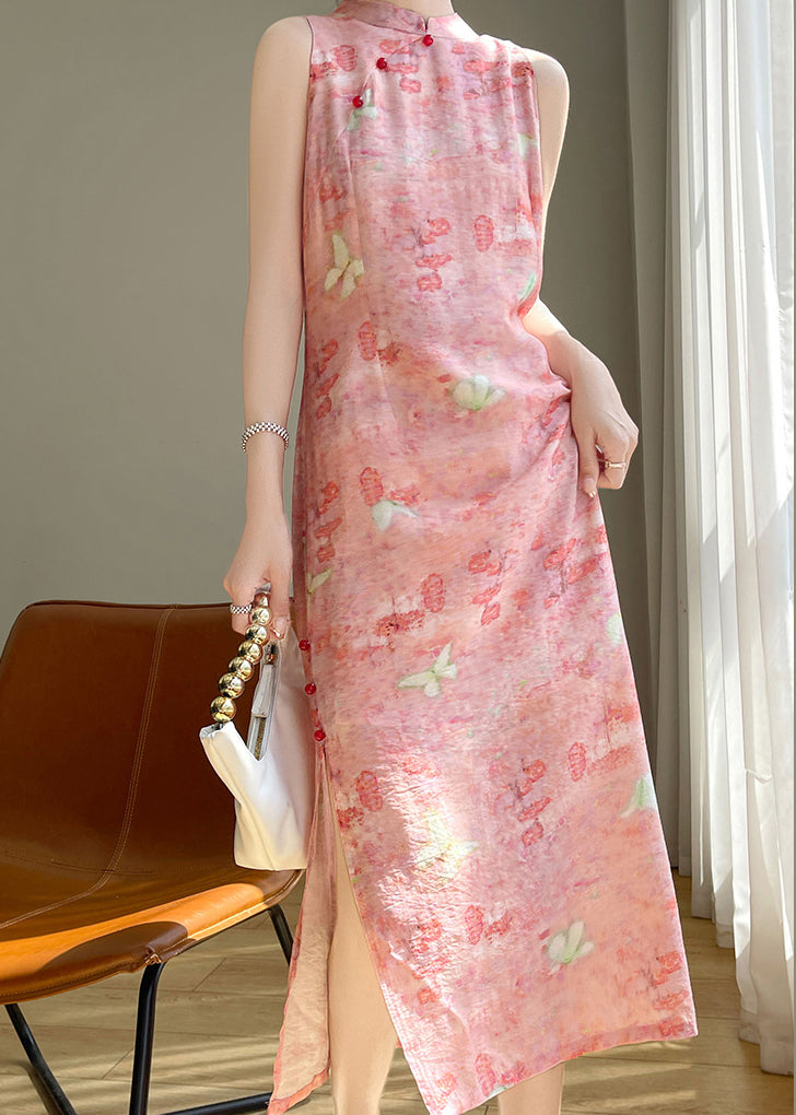 Button Long Dresses Cotton Summer Silk Collar Pink Stand
