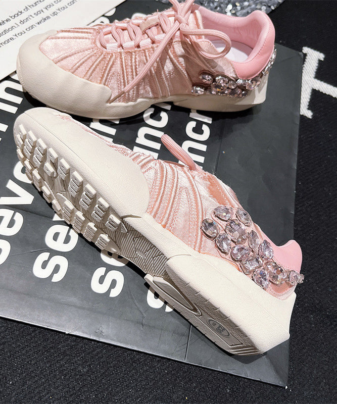 Flat Lace Pink Women Splicing Canvas Zircon Shoes Up For