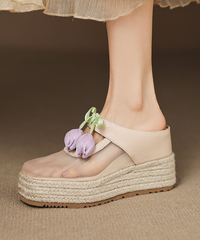 Leather Slide Pink Wedge Cowhide Sandals Heels Tulle Splicing