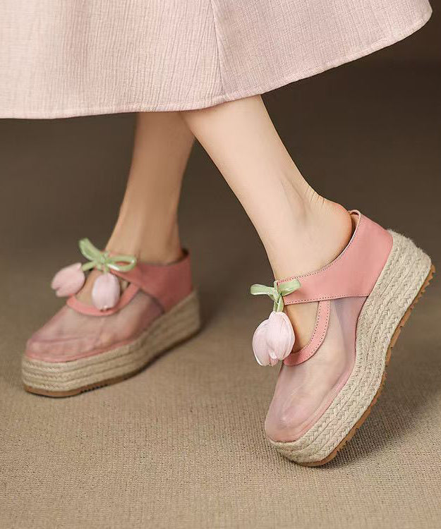 Leather Slide Pink Wedge Cowhide Sandals Heels Tulle Splicing