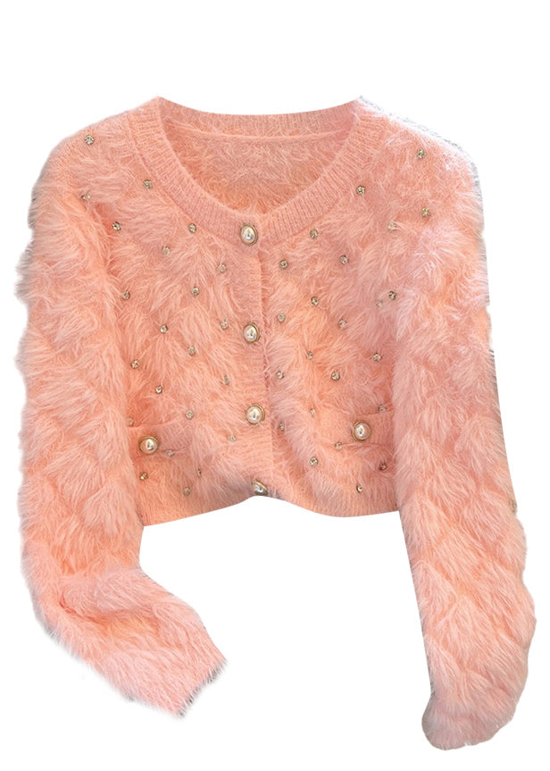Rosa Gemütliche Fuzzy Pelz Flauschige Strickjacke Zirkon Frühling