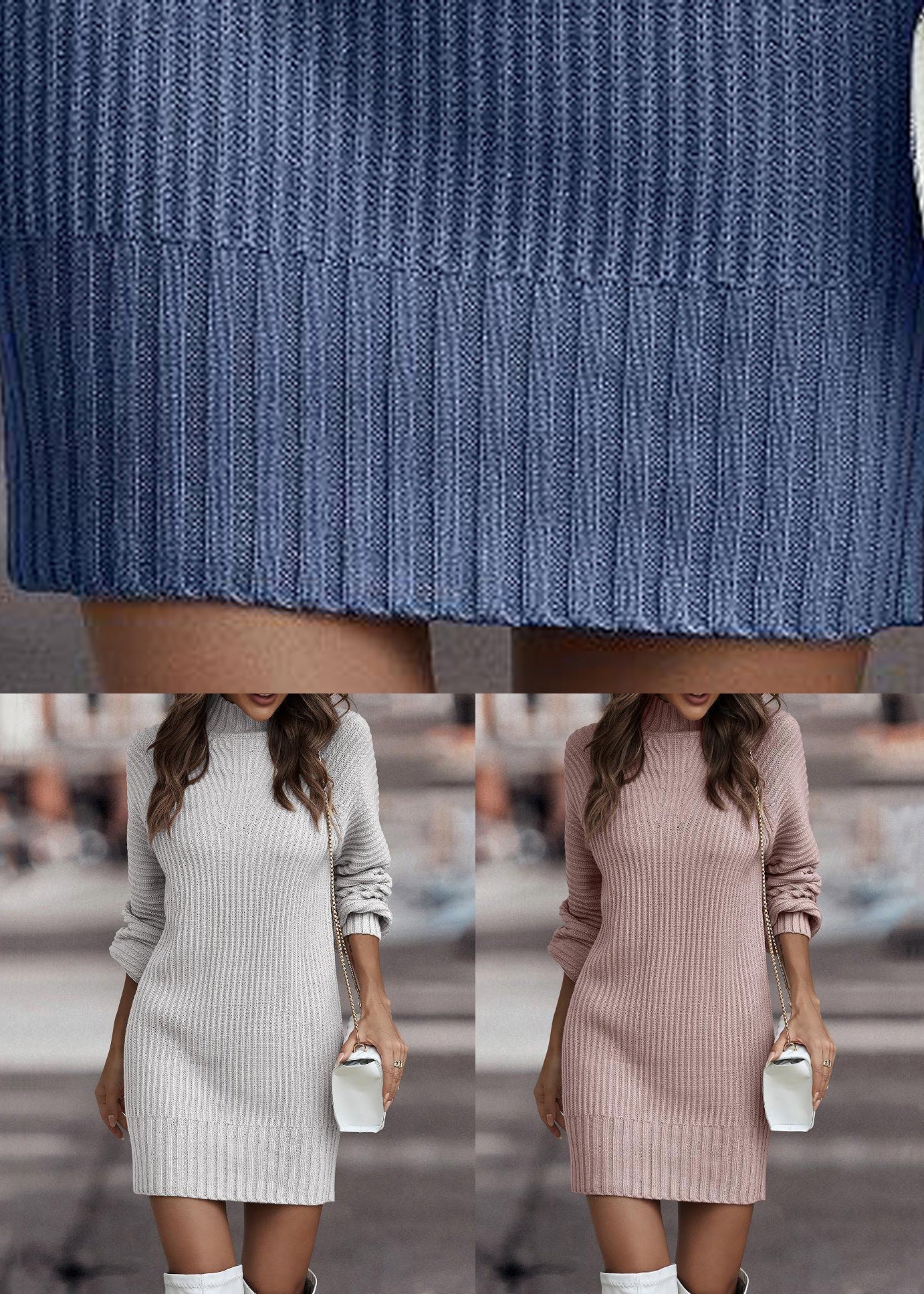 Rosa gemütliches Patchwork-Strick-Herbstkleid mit Rollkragen QA019