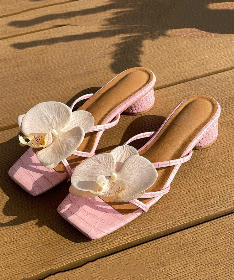 Sandales à épissures à fleurs et bout ouvert épais, roses
