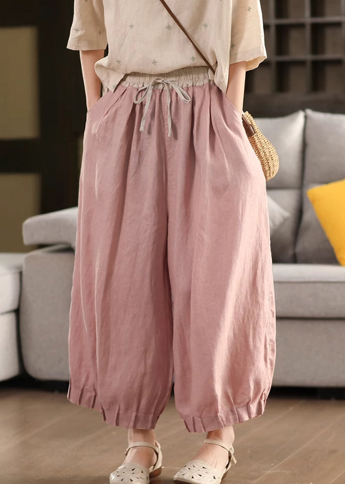 Pantalon d'été à lacets en lin rose patchwork élastique court