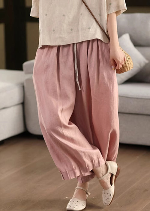 Pantalon d'été à lacets en lin rose patchwork élastique court