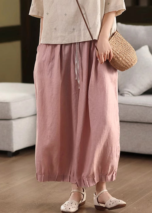 Pantalon d'été à lacets en lin rose patchwork élastique court