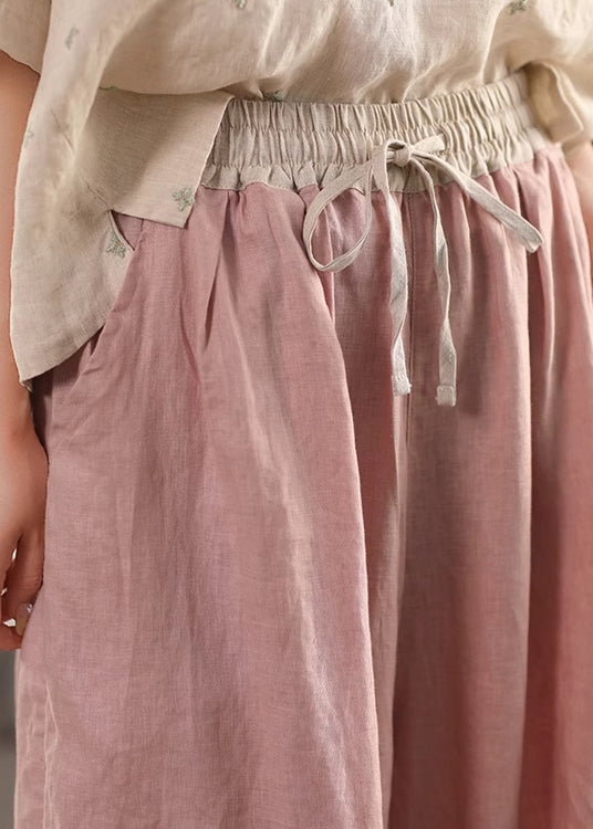 Pantalon d'été à lacets en lin rose patchwork élastique court