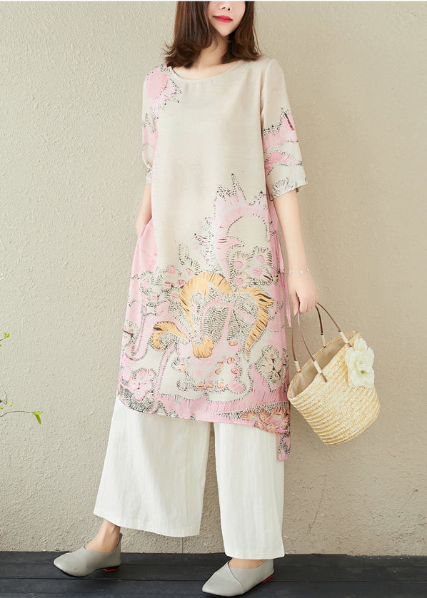 Kleid Leinen Rosa Seitlicher Druck Offen Lang Sommer