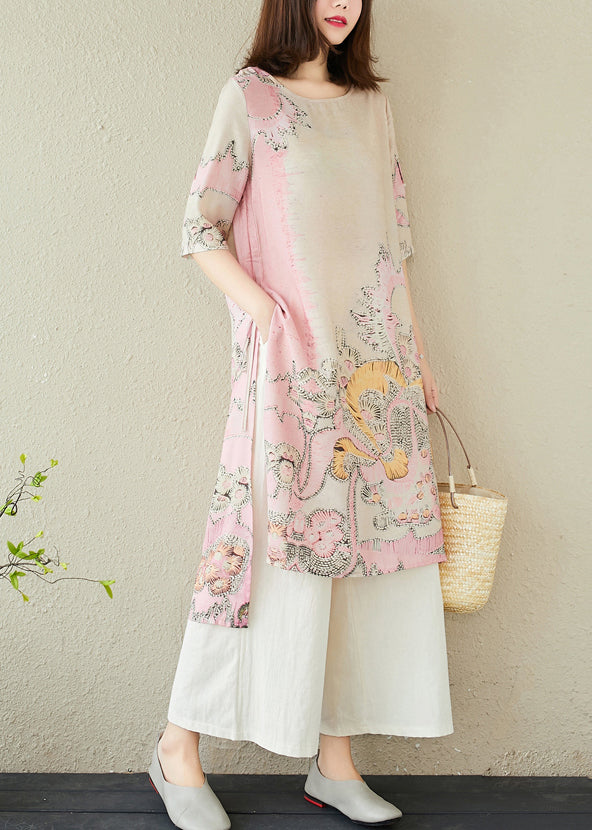 Kleid Leinen Rosa Seitlicher Druck Offen Lang Sommer