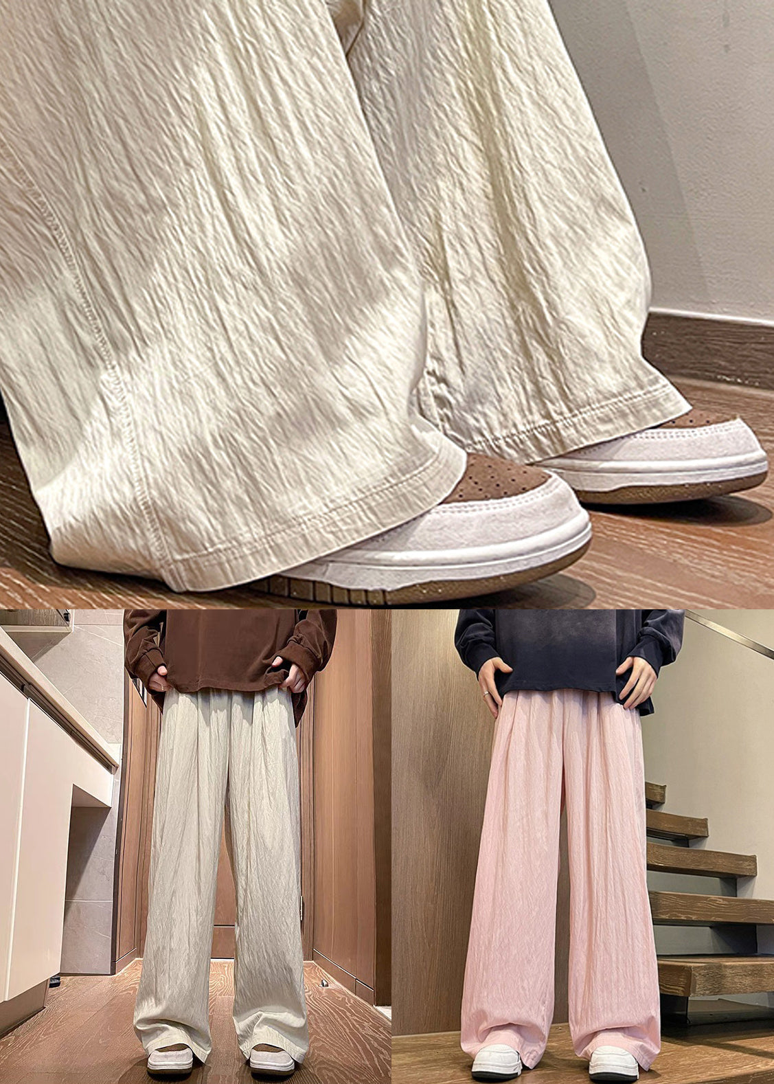 Pantalon large taille soie rose uni jambe élastique été glace homme