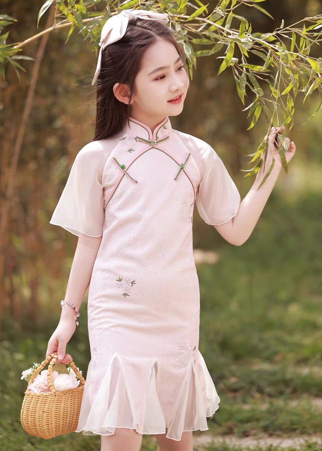 Kragen Maxi Rosa Stand Kleid Taste Ärmel Mädchen Kurz