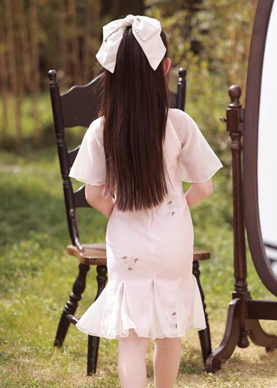 Kragen Maxi Rosa Stand Kleid Taste Ärmel Mädchen Kurz