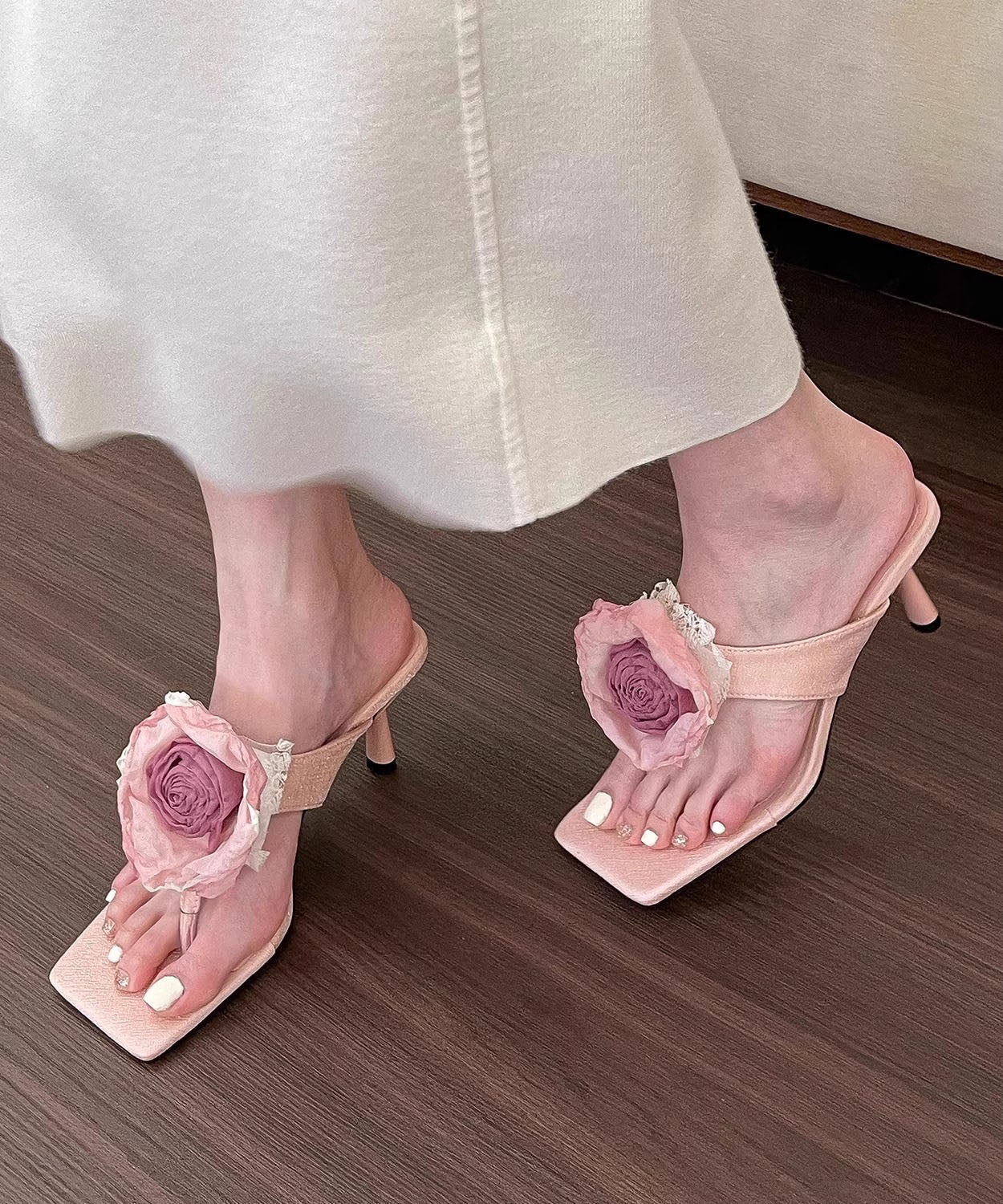 Rosa Stiletto Floral Fashion Spleißen High Heel Flip Flops Peep Toe JJ084