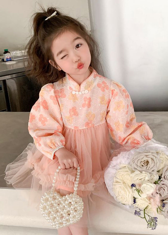 Pink Tulle Patchwork Girls Dress Ruffled Long Sleeve XZ094
