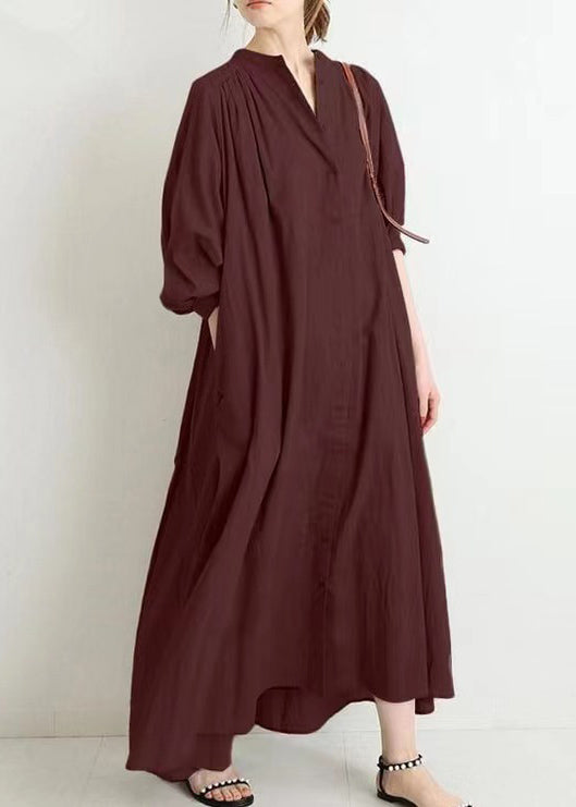 Plus Size Apricot O-Ausschnitt Knopf Baumwollhemden Kleid Frühling TH034