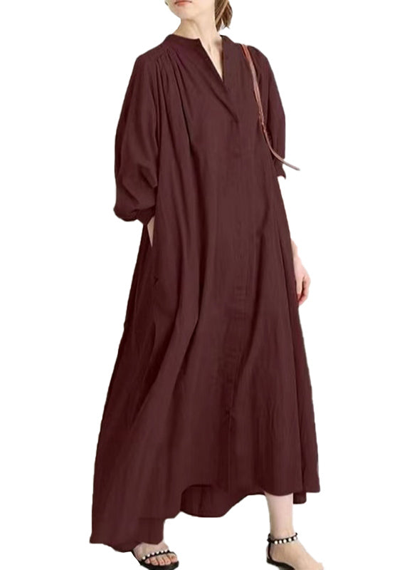 Plus Size Apricot O-Ausschnitt Knopf Baumwollhemden Kleid Frühling TH034