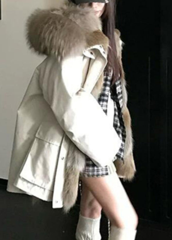 Plus Size Apricot Taschen Patchwork Abnehmbare Kapuzenjacke Winter TA007