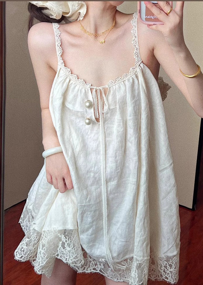Größe Sommer Übergroßes Mini Plus Spitze Patchwork Beige Kleid