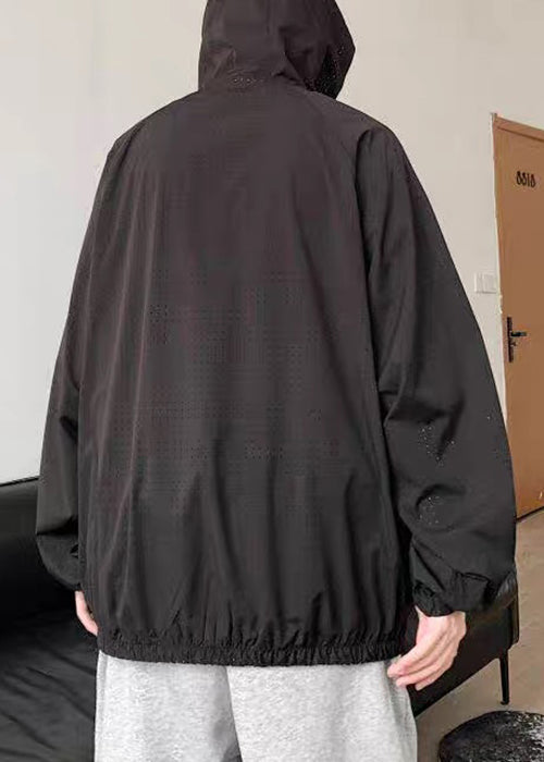 Manteau d'été zippé à capuche pour homme, maille fine, grande taille, noir