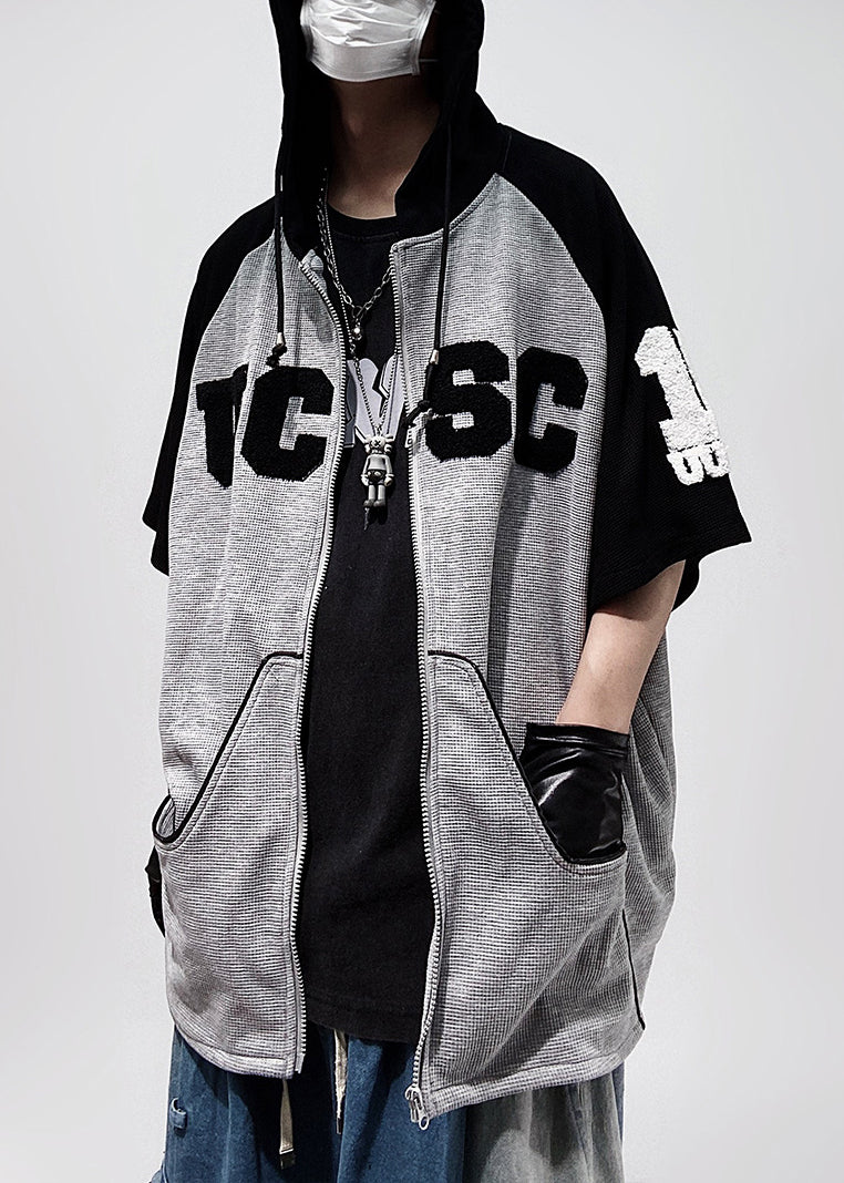 Größe Patchwork Baumwolle Schwarz Plus Kapuze Reißverschluss Männer Shirts T