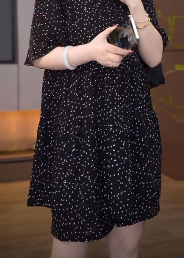 Plus Size Schwarz Rüschendruck Baumwolle Zweiteiler Set Sommer QK005