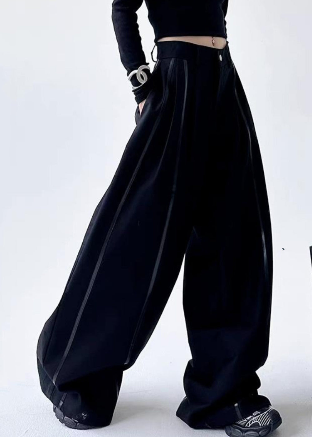 Plus Size Schwarz Gestreifte Patchwork Taschen Laterne Hose Frühling TA045