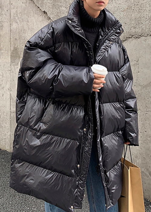 Plus Size Schwarzer Herrenparka mit Reißverschlusstaschen, einfarbig, WinterRM017