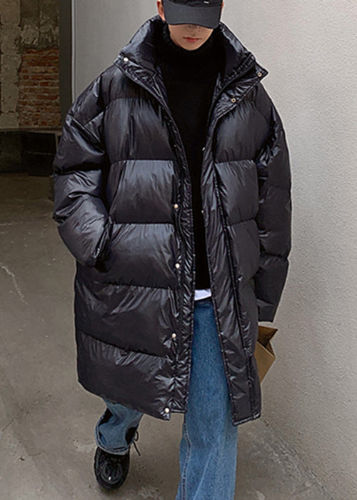 Plus Size Schwarzer Herrenparka mit Reißverschlusstaschen, einfarbig, WinterRM017