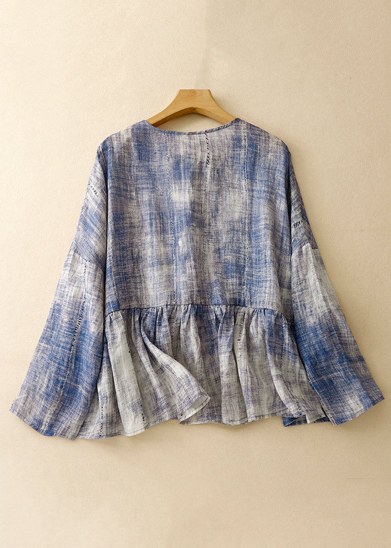 Chemises en coton patchwork tie-dye bleu grande taille à col rond, printemps TI030