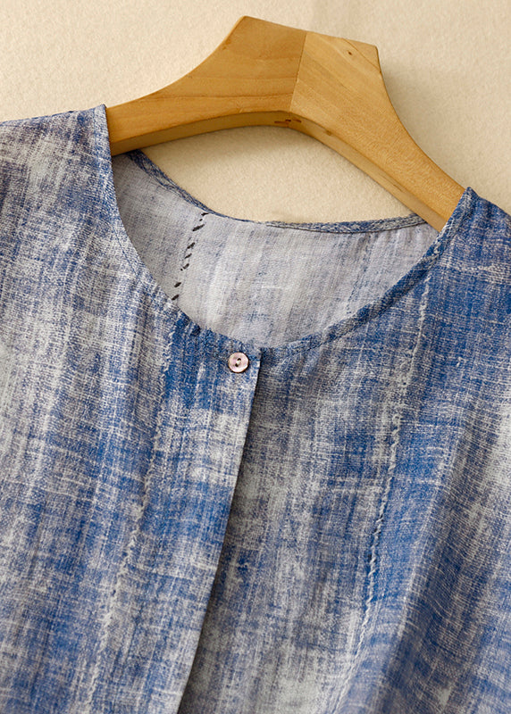 Chemises en coton patchwork tie-dye bleu grande taille à col rond, printemps TI030