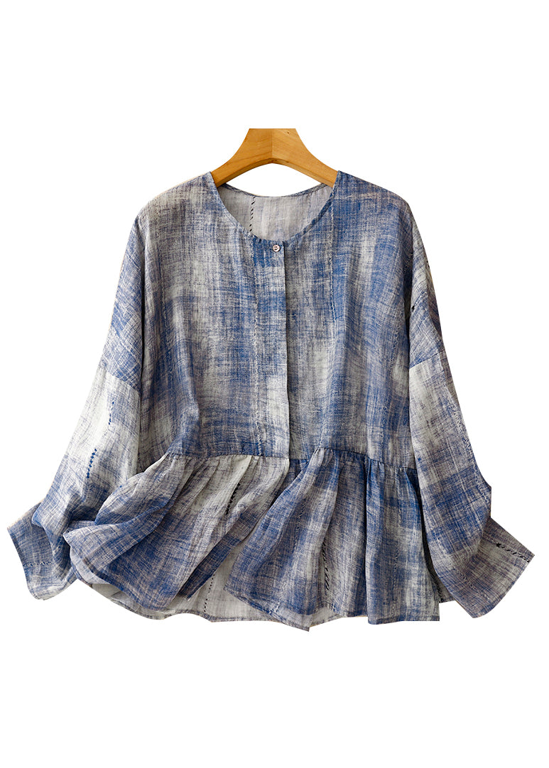 Chemises en coton patchwork tie-dye bleu grande taille à col rond, printemps TI030