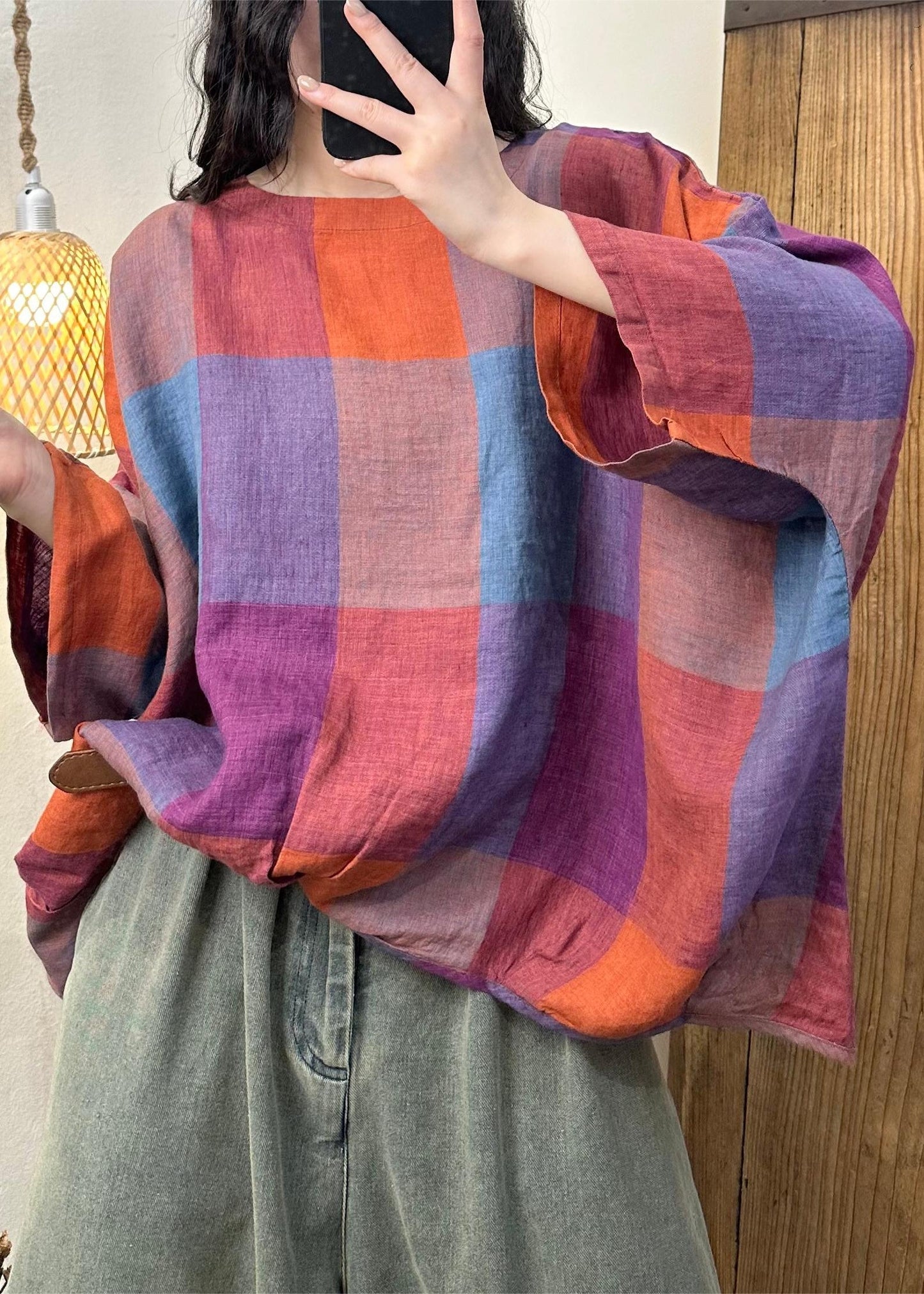 Plus Size Blue Plaid O-Neck Cotton Top Batwing Sleeve LK015