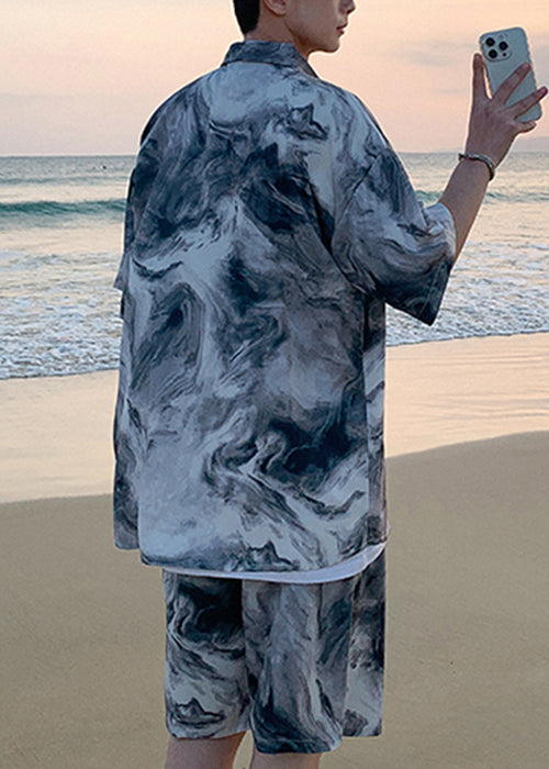 Übergröße, blau, Batikmuster, Taschen, Eisseide, zweiteiliger Herrenanzug, Sommer, HG067