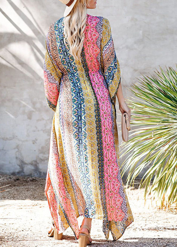 Plus Size Colorblock V-Ausschnitt Print Bindegürtel Bademode Langes Strandkleid VC062