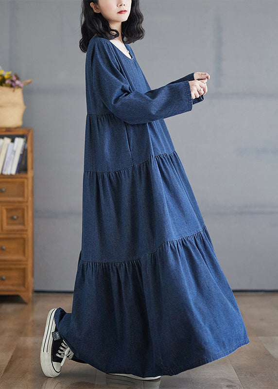 Patchwork Denim Herbst Blau Größe Lange Kleider Plus O-Ausschnitt