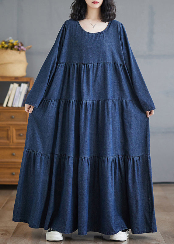 Patchwork Denim Herbst Blau Größe Lange Kleider Plus O-Ausschnitt