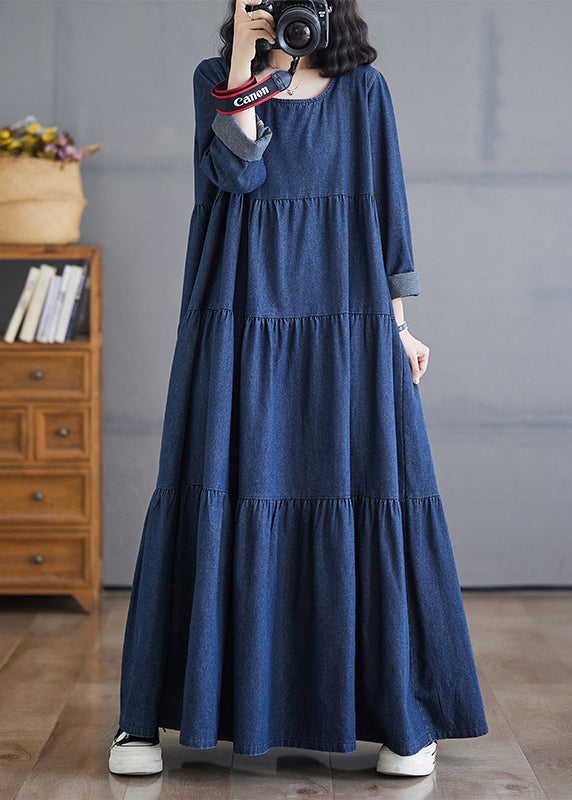 Patchwork Denim Herbst Blau Größe Lange Kleider Plus O-Ausschnitt