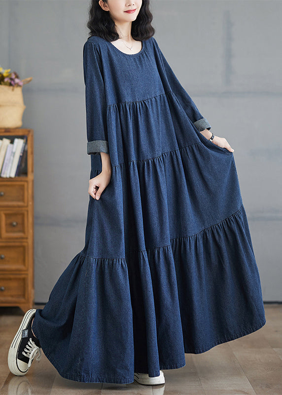 Patchwork Denim Herbst Blau Größe Lange Kleider Plus O-Ausschnitt