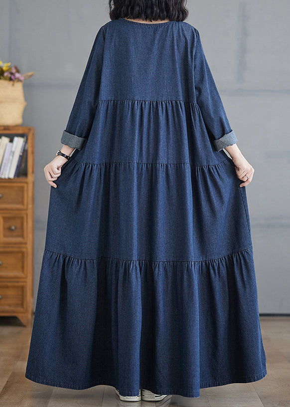 Patchwork Denim Herbst Blau Größe Lange Kleider Plus O-Ausschnitt