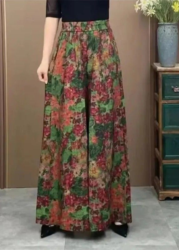 Pantalon large en soie élastique imprimé vert, taille plus