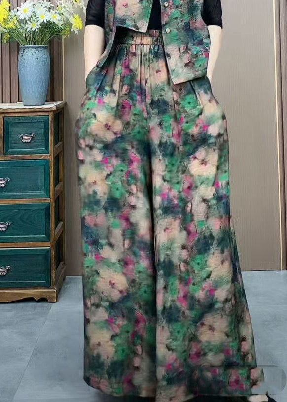 Pantalon large en soie élastique imprimé vert, taille plus