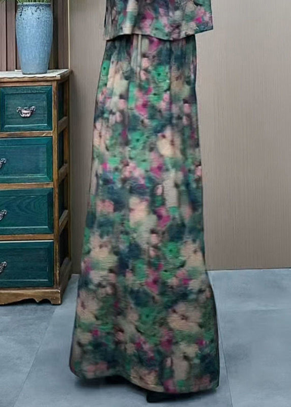 Pantalon large en soie élastique imprimé vert, taille plus