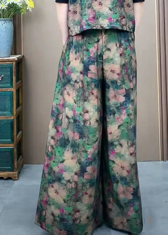 Pantalon large en soie élastique imprimé vert, taille plus