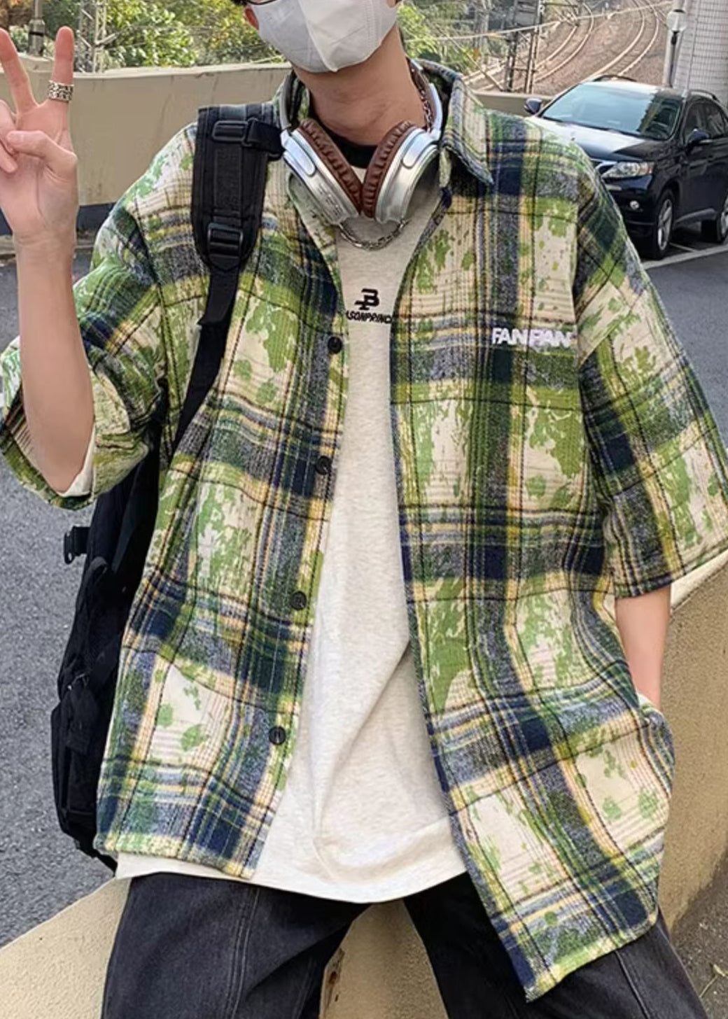 Chemises d'été vertes à carreaux en coton teinté pour hommes, grande taille