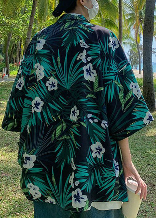 Chemises en coton vert à manches imprimées et poches, taille homme