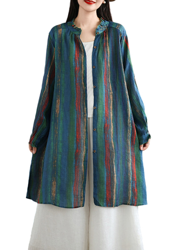 Grünes Baumwollhemd mit Rüschen und Streifen und Knöpfen in Übergröße, Herbst AC1015