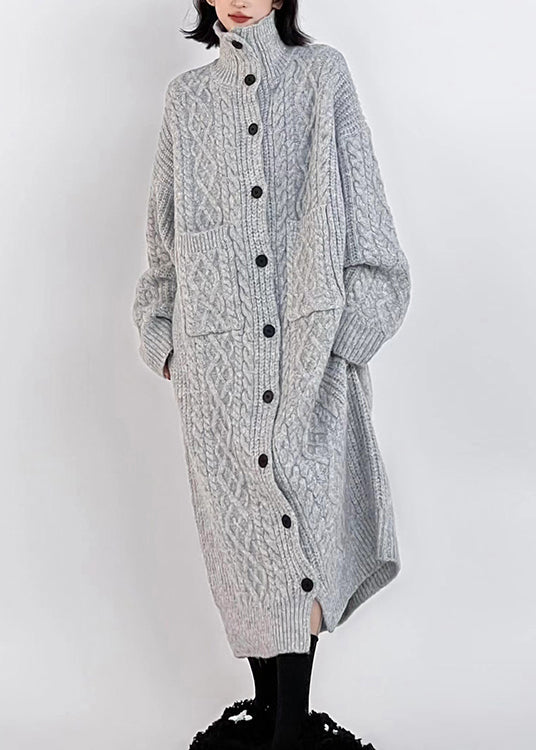 Graue Strickjacke mit hohem Kragen und Knöpfen in Übergröße, Winter, RS033