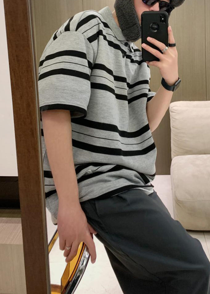 Männer Grau Sommer Taste Plus Baumwolle Größe Gestreiften Hemden Polo